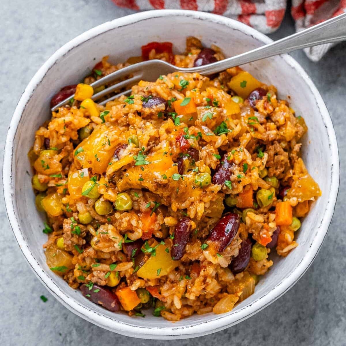 ground beef and rice casserole served in a bowl.