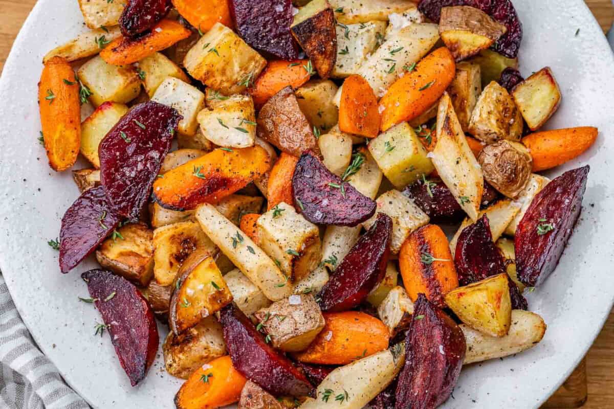 Roasted root veggies in a bowl.
