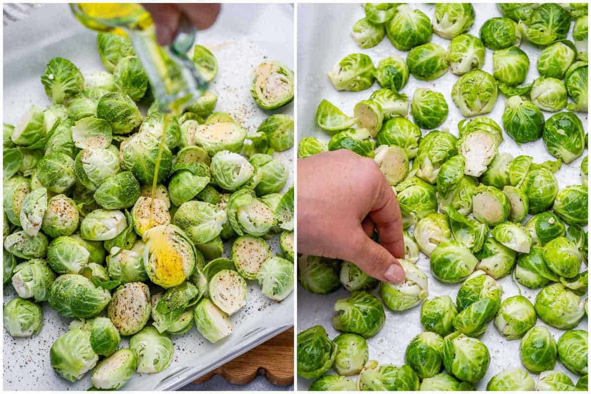 prepping the cut Brussels sprouts on a sheetpan. 