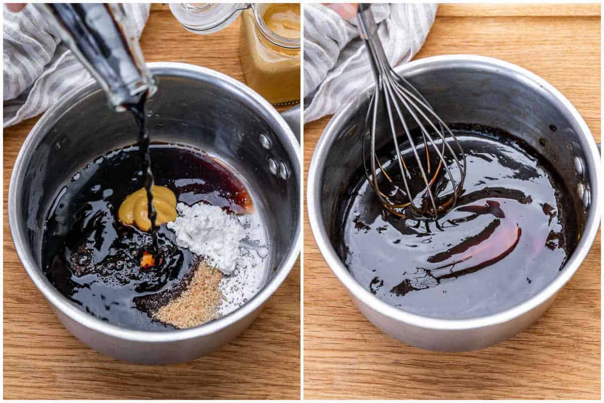 process shot to make the balsamic glaze in a pan.