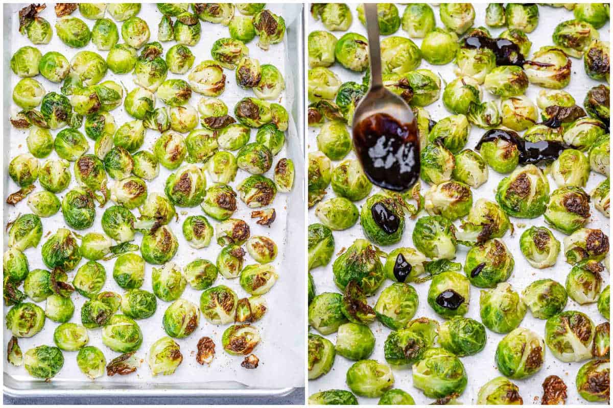 process shot to add the balsamic glaze over the roasted brussel sprouts.