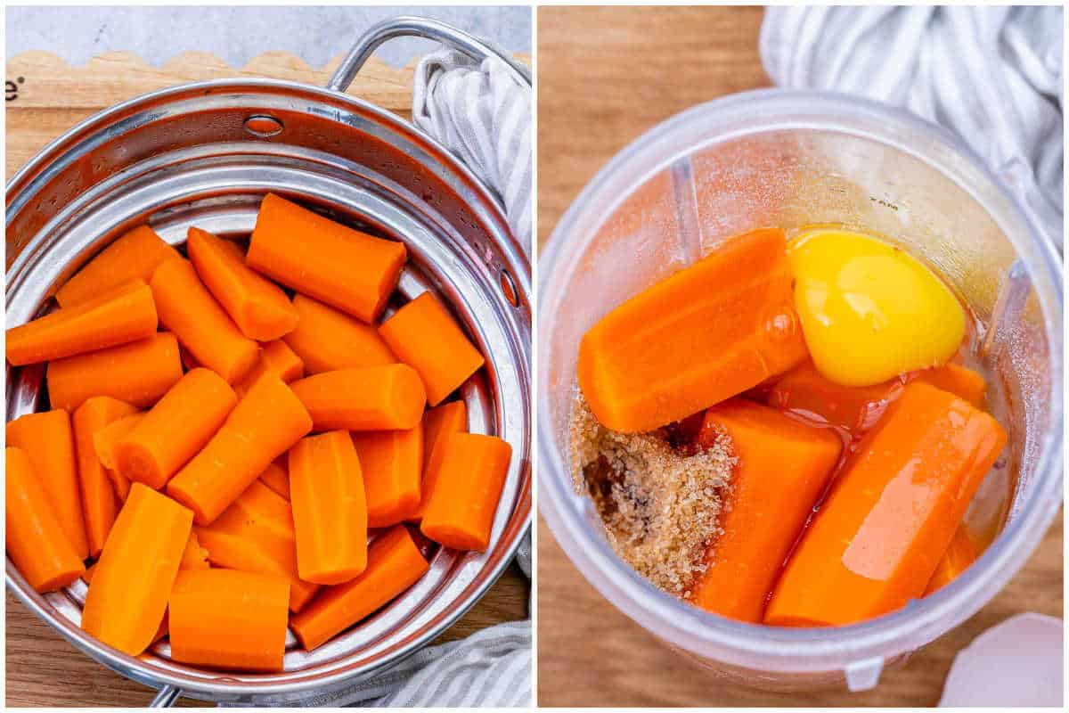 process shot to cook the carrots and adding it to blender with eggs and other ingredients to make the souffle.