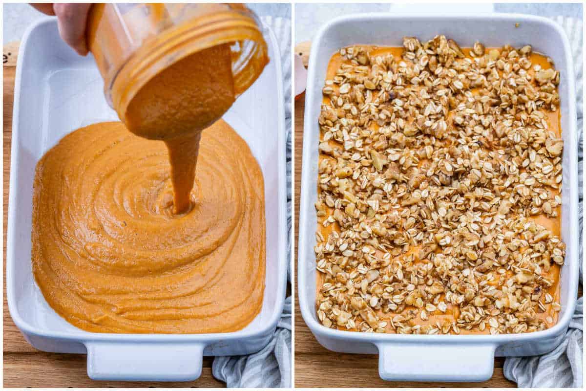 process shot to pour the carrot mixture in a dish topped with oat crumble.