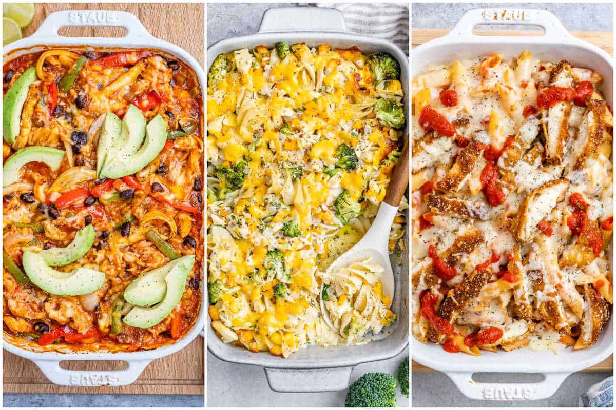 collage of 3 chicken casseroles put together for a roundup.