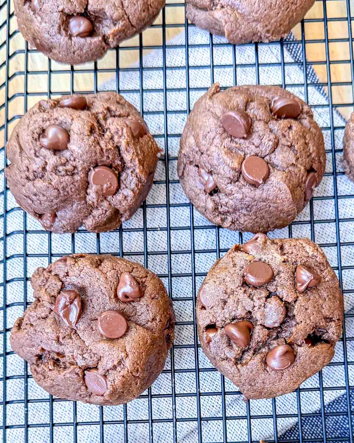 chocolate flavored protein cookies with chocolate chips laid out on a wire rack.