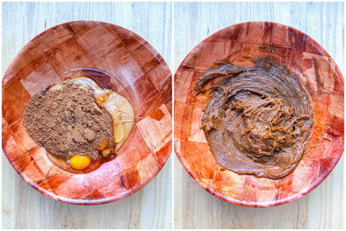 process shot to make the dough for the chocolate cookies in a brown bowl.