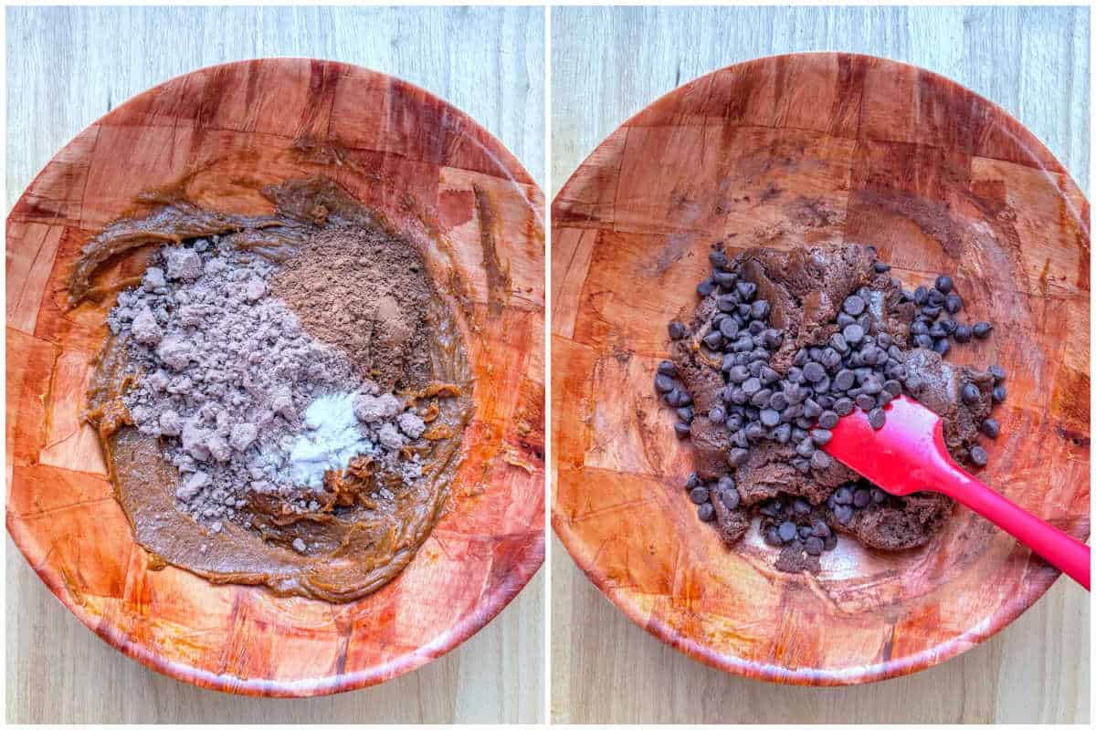 process shot to add the chocolate chips to the chocolate dough.