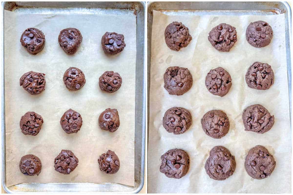 process shot to plate the cookie dough portions on a sheet pan for baking.