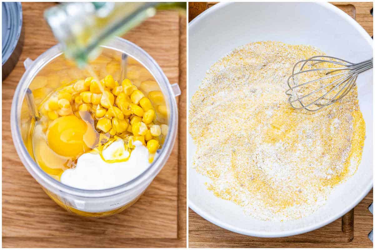 process shot to blend the corn with yogurt and milk and then making the dry cornmeal mix in a bowl.
