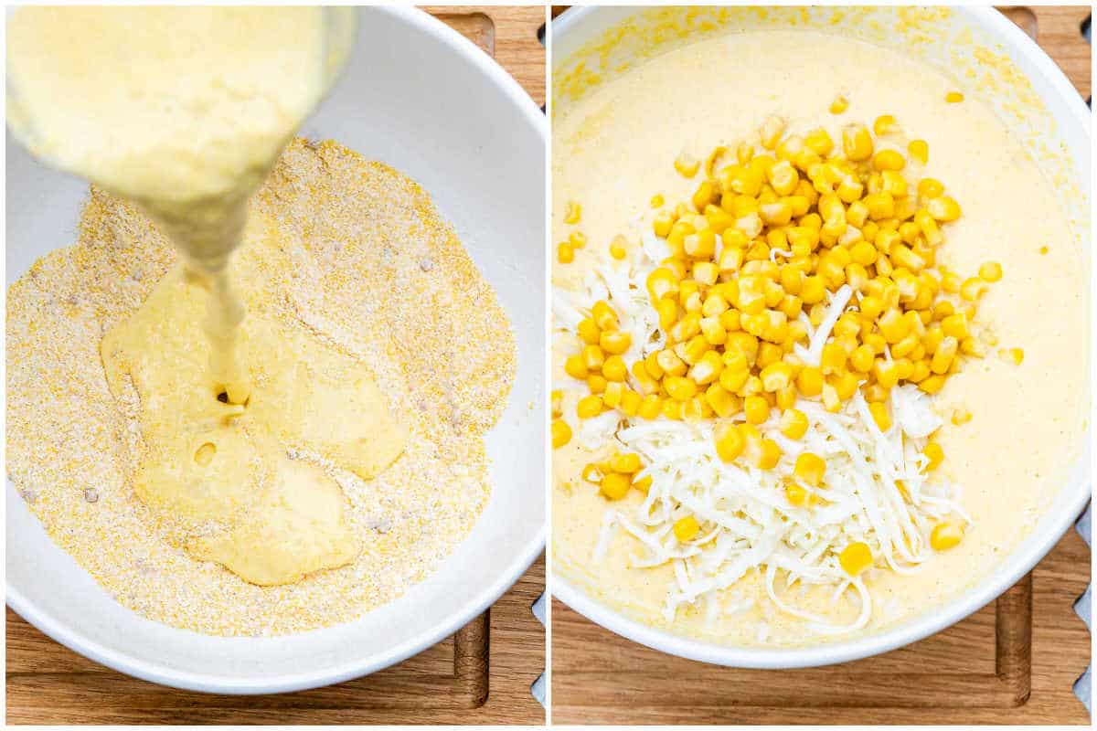 process shot to pouring the wet egg corn mixture over the dry cornmeal mixture.