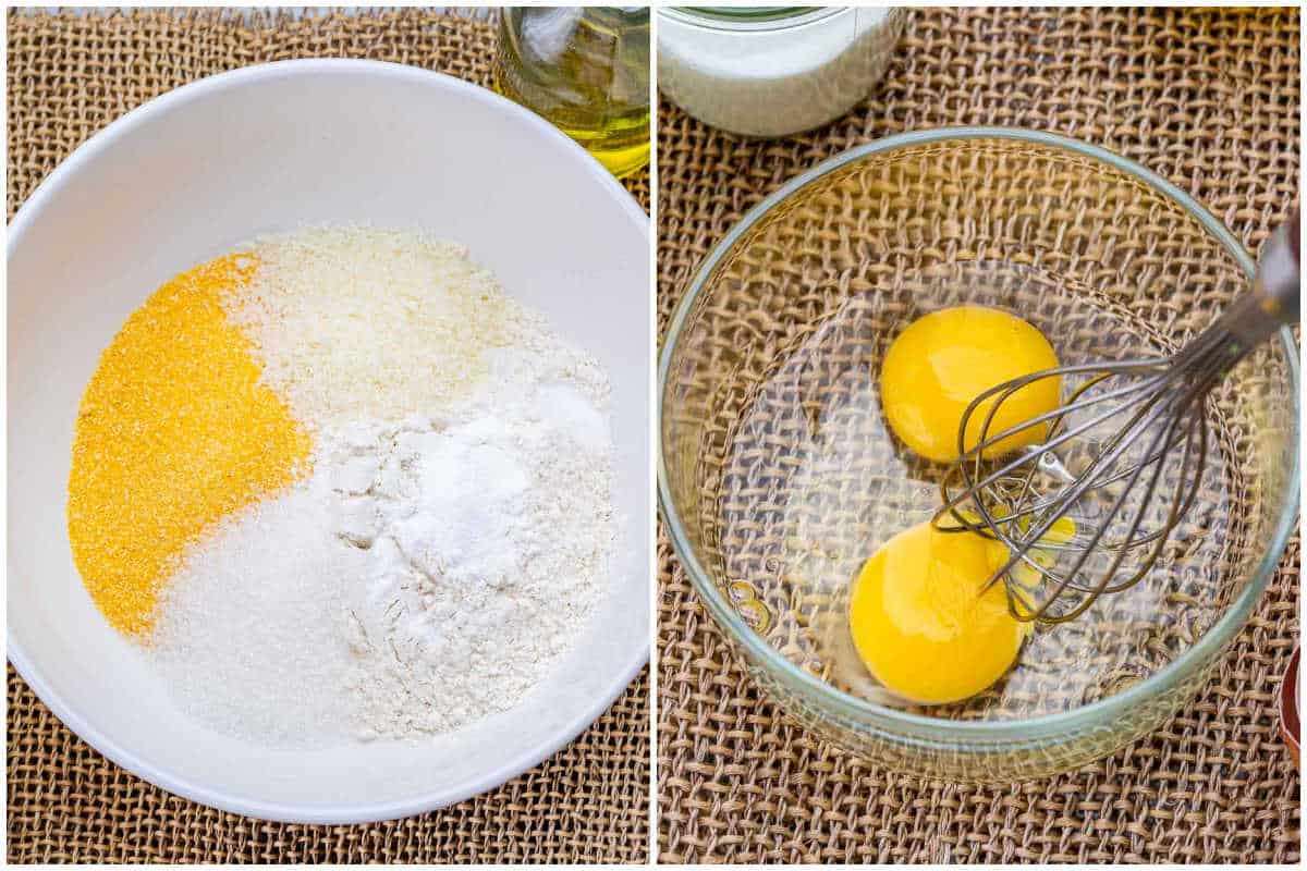 process shot to make the dry mix and whisking the eggs for cornbread muffins.