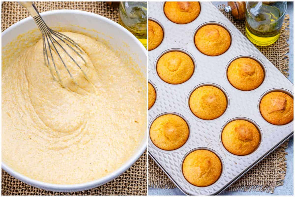 process shot to whisking the cornbread batter and making muffins in pan.