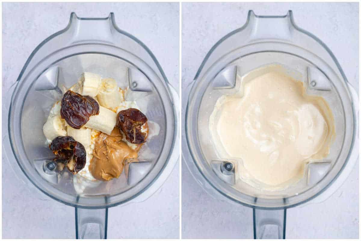 process shot of blending the cottage cheese ice cream ingredients in a blender.
