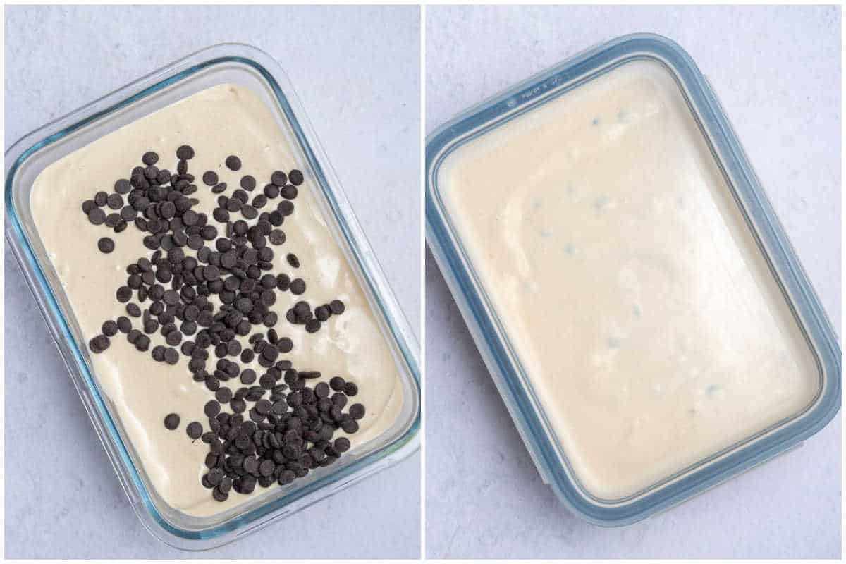 process shot to add the blended cottage cheese in a bowl and adding chocolate chips to cover and freeze.