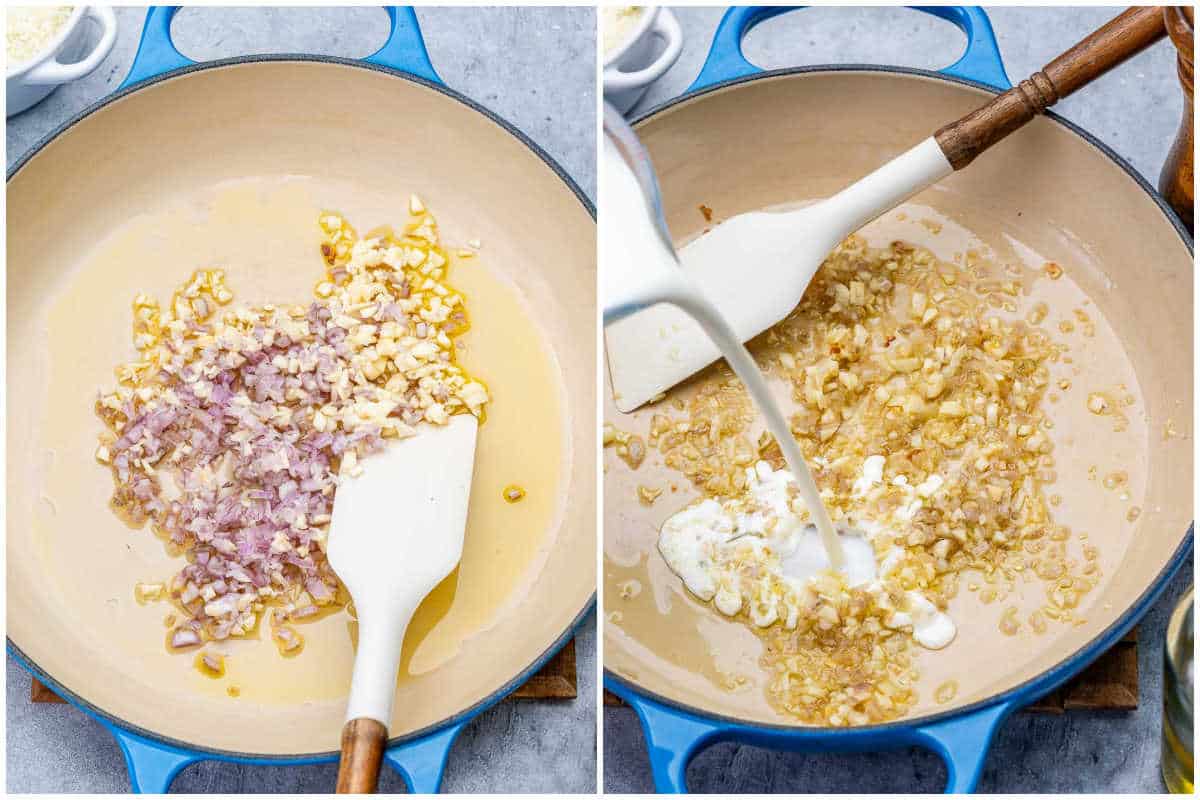 process shot to sautee the onion and garlic in skillet then adding the milk sauce.