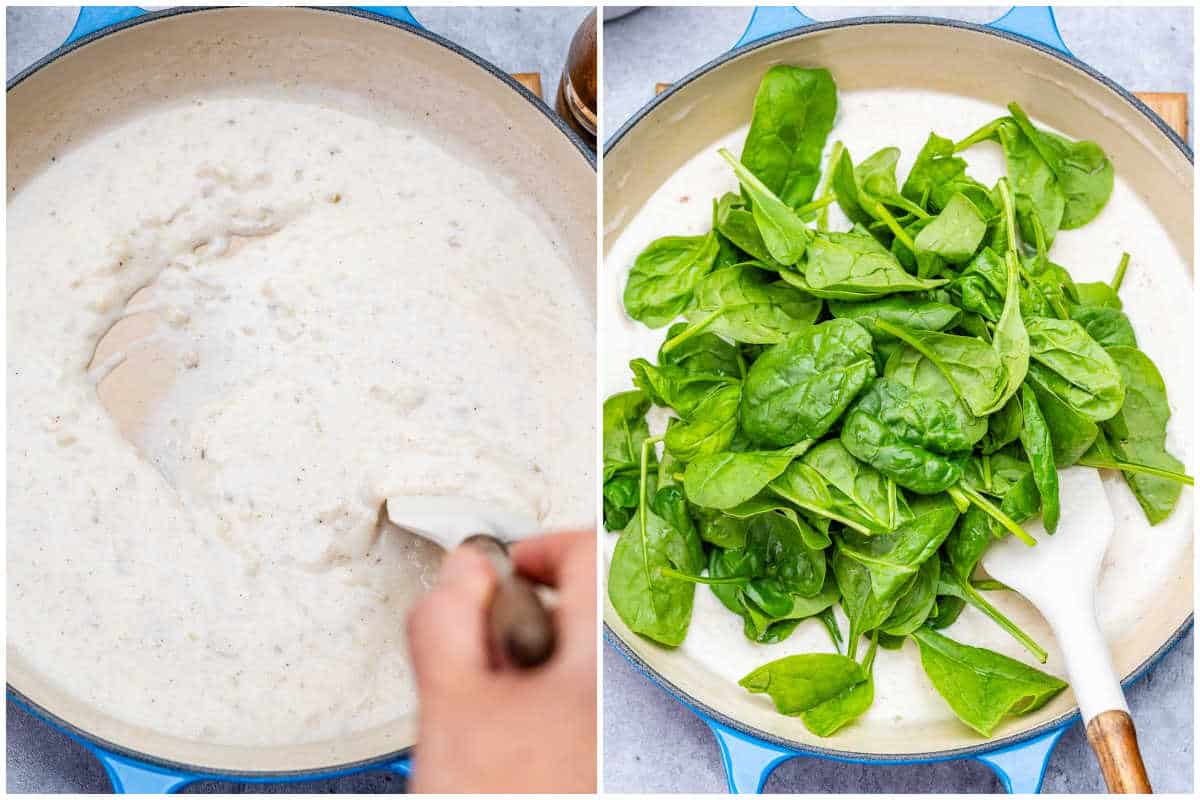 process shot to make the creamy sauce and adding the spinach in the skillet.