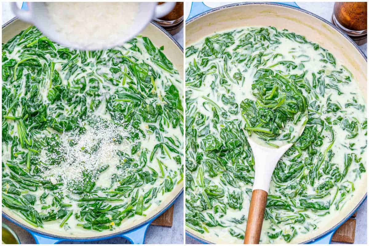 adding parmesan cheese over the creamy spinach and mixing.