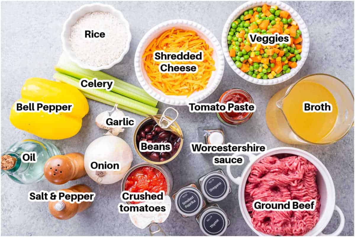 ingredients for ground beef and rice casserole.
