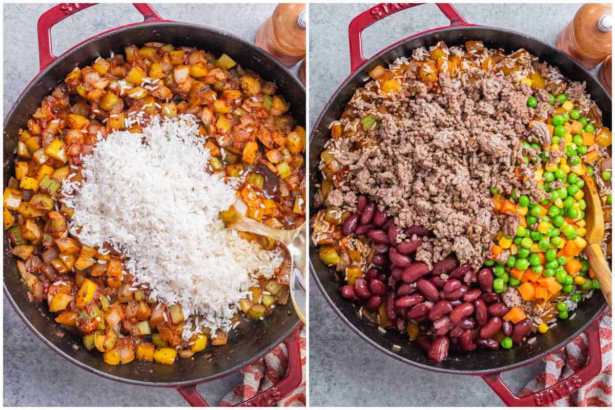 process shot to add the rice over the cooked veggies and then add the browned beef and veggies.