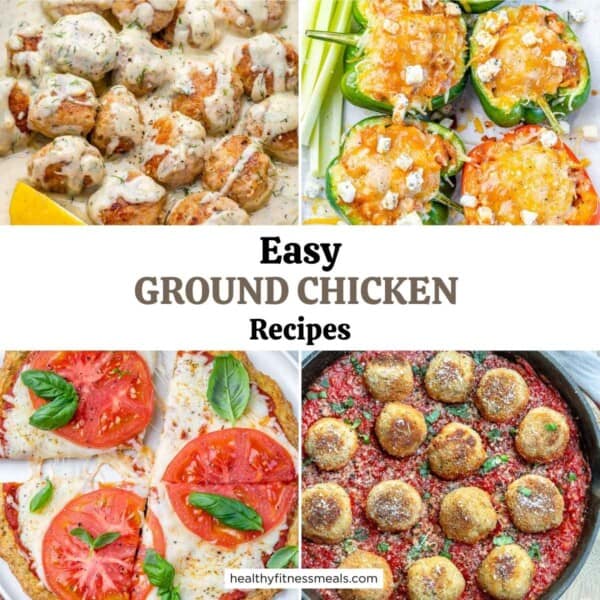 collage of 4 images for recipes made with ground chicken.