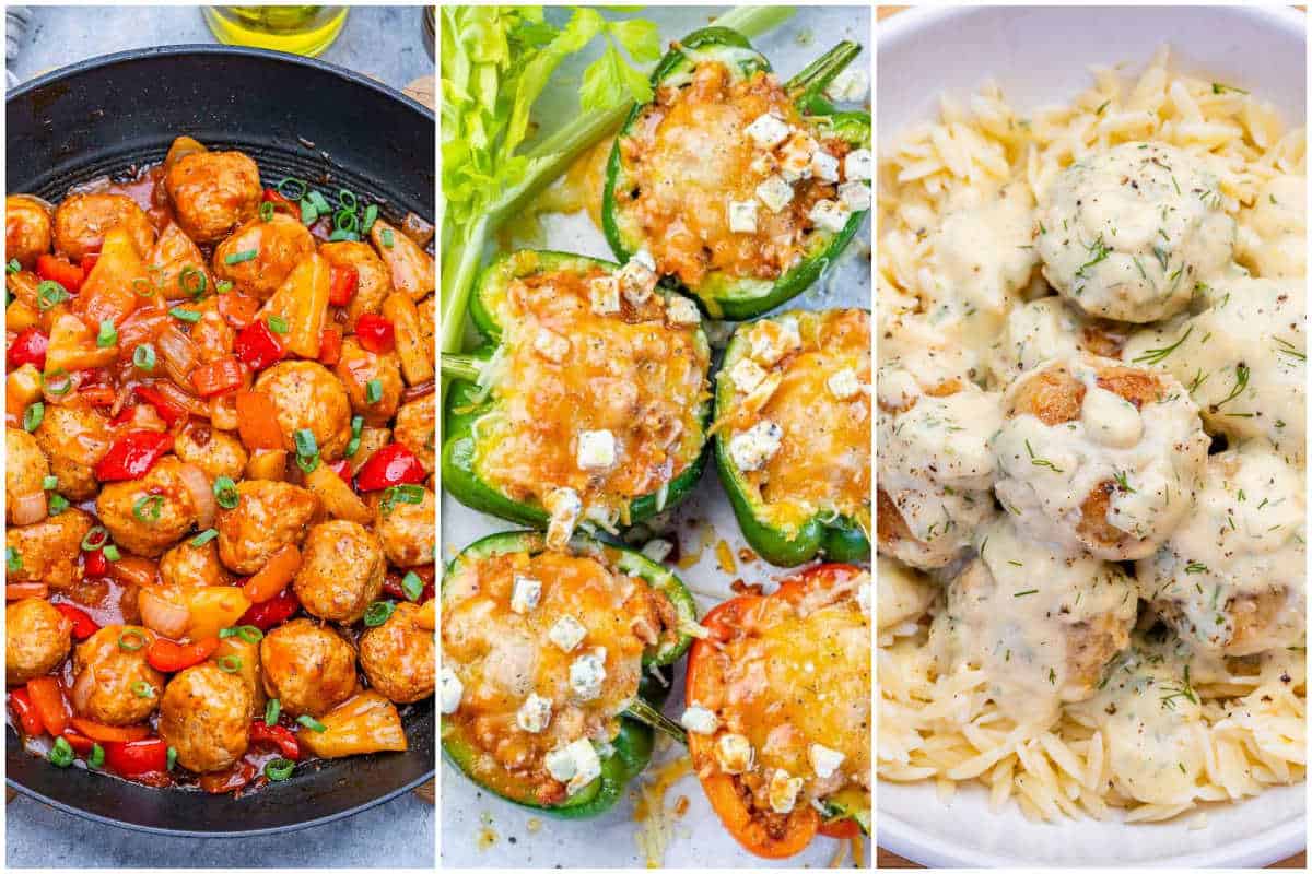 Collage for 3 ground chicken dishes.