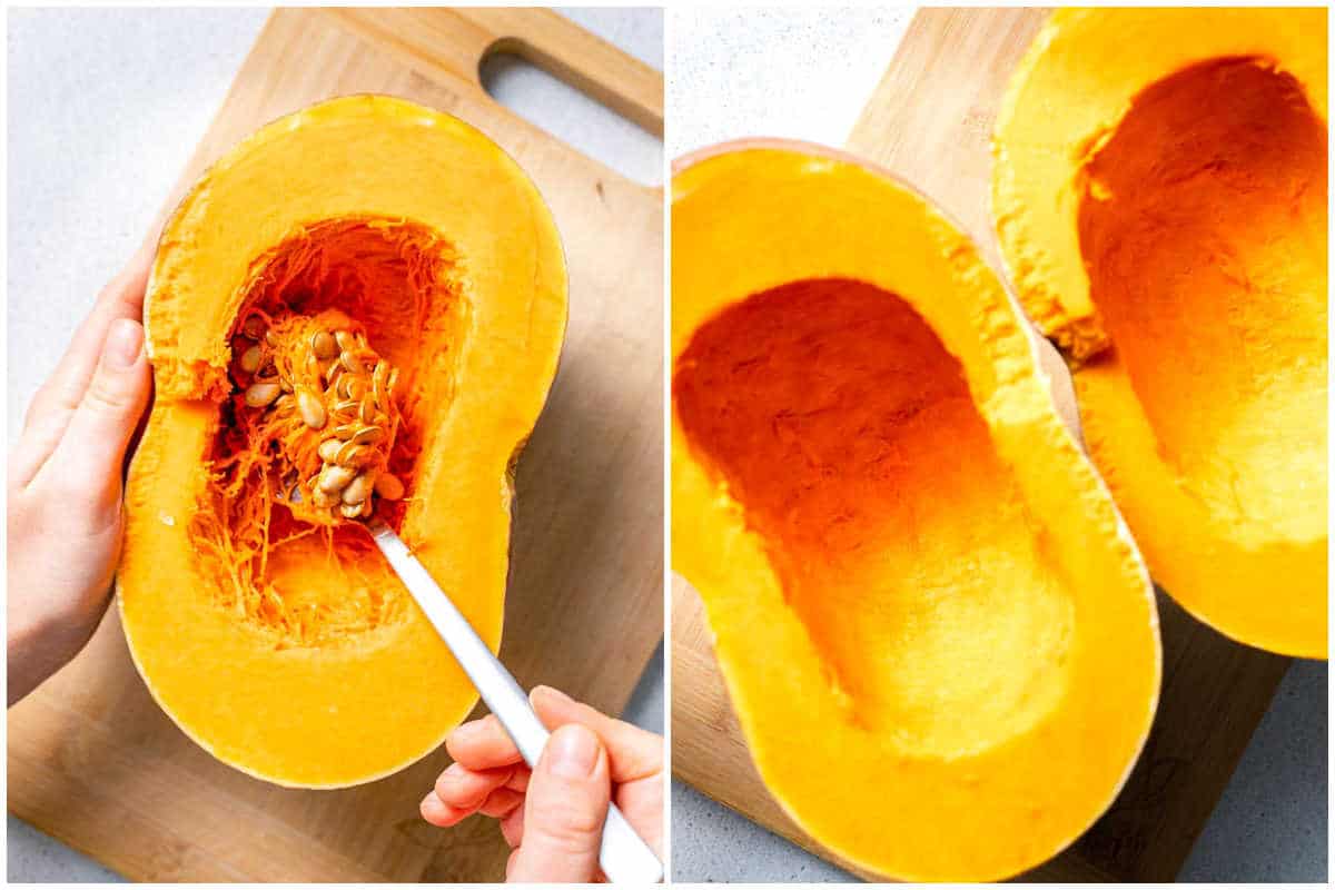 scooping out the insides of a pumpkin to remove the seeds.