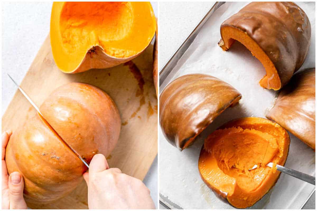 Cutting and roasting the pumpkin quarters.