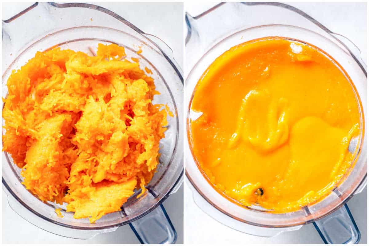 blending the pumpkin in a blender.