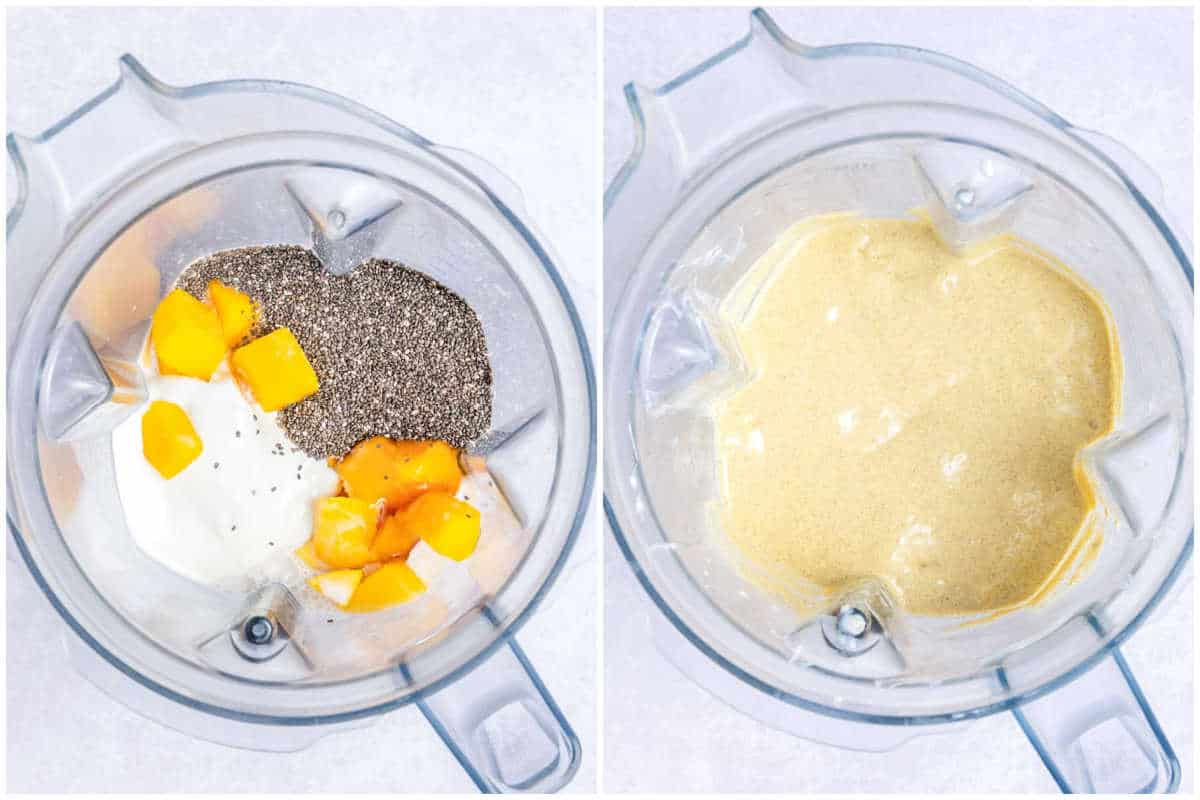 process shot to blend mango chia smoothie in a blender.