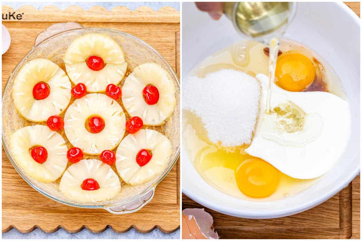 process shot to setup the pineapple on the pan making the milk and egg batter.