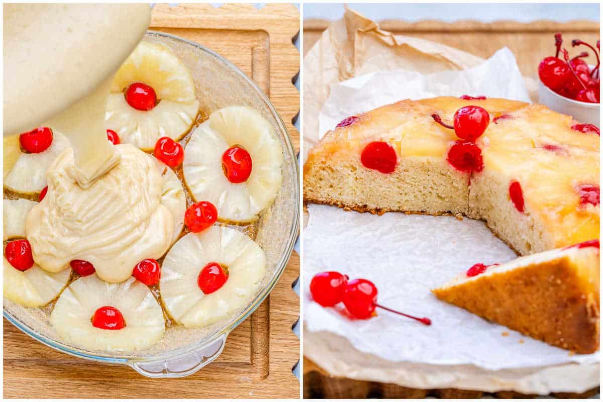 process shot of pouring the batter into the pan with pineapple and then baking. 