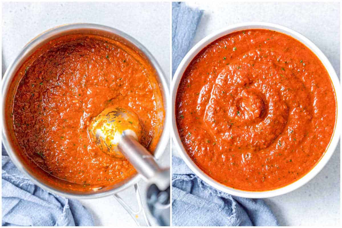 blending the sauce in the pan with an immersion blender and then serving in a bowl.
