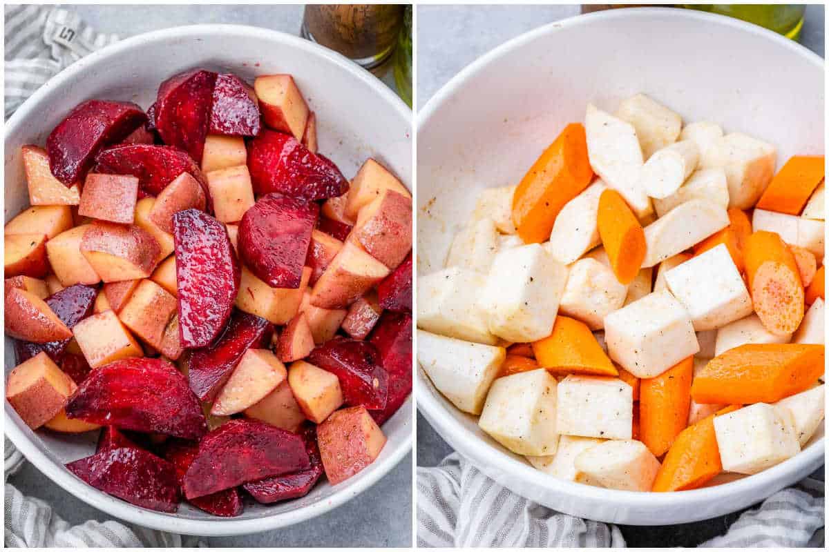 Prepping the veggies in a bowl to roast.
