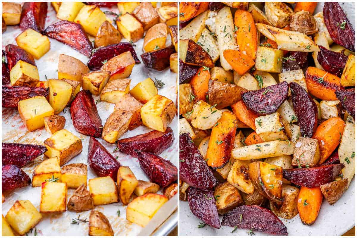 Root veggies on a sheet pan roasted.