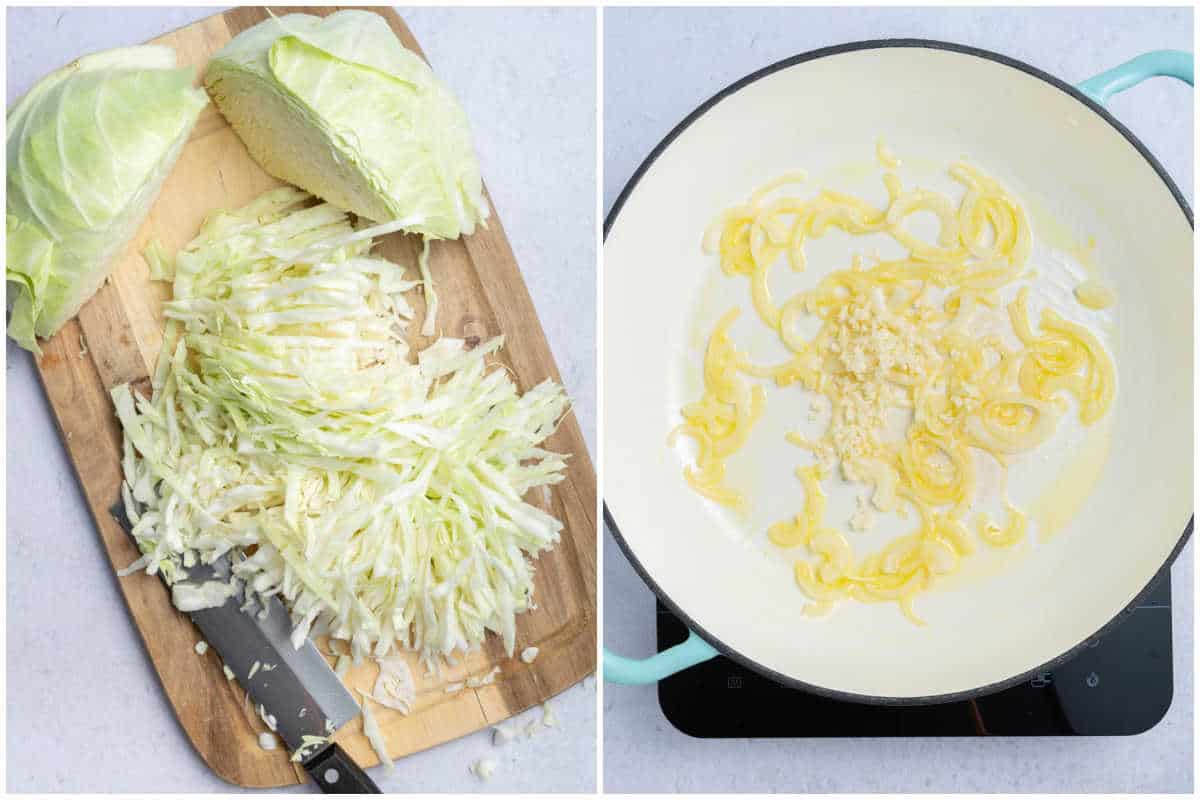 process shot to shred the cabbage and then cook the onions in a pan.