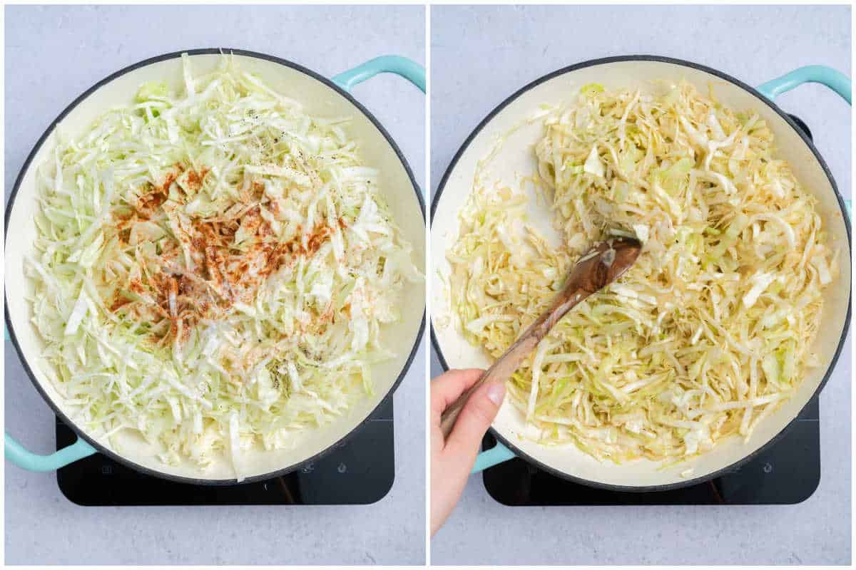 Process shot of adding the seasoning over the shredded cabbage in the pan and then start to cook it. 
