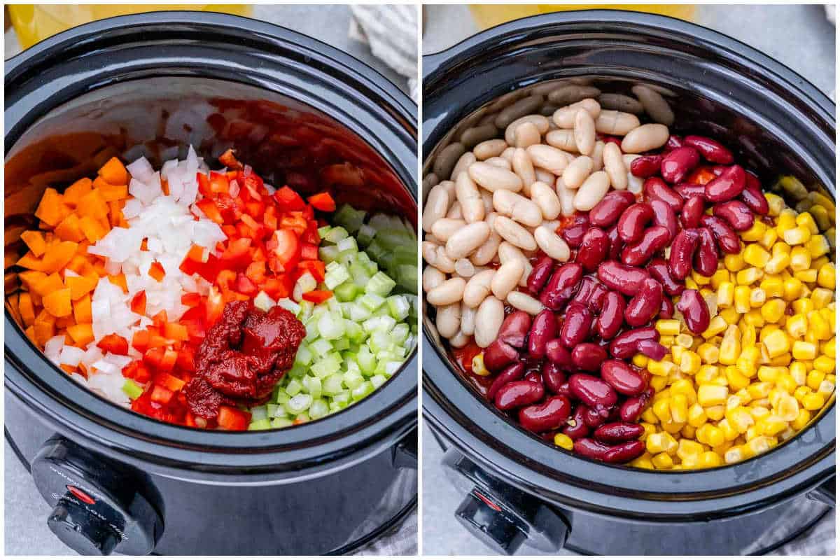 process shot to add in the veggies and beans in the slow cooker to make tortilla soup.