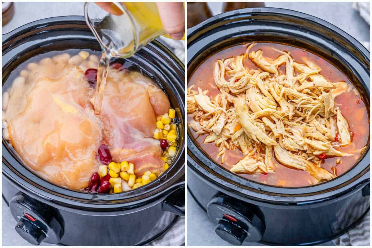 process shot to add in the chicken and broth to the slow cooker and shredding the chicken in the slow cooker in the soup.