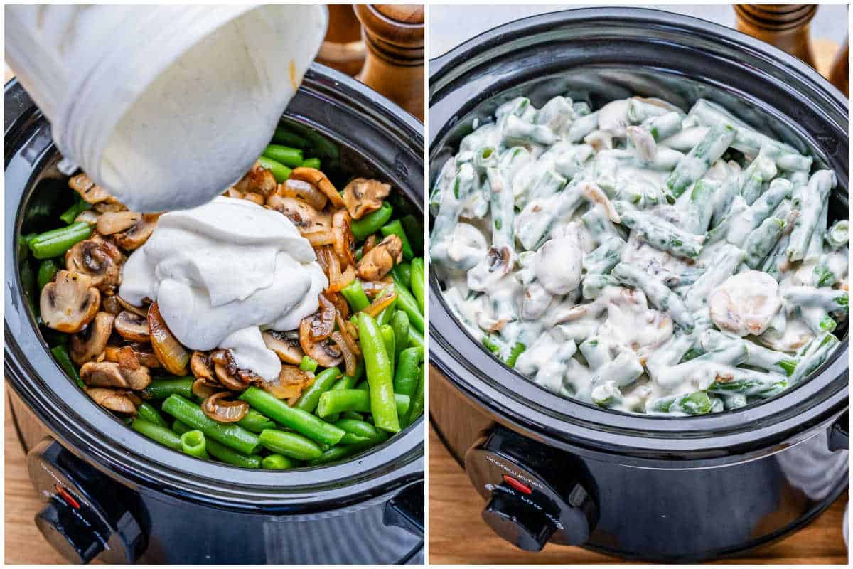 assembling the green bean casserole into the slow cooker buy adding all the ingredients in.
