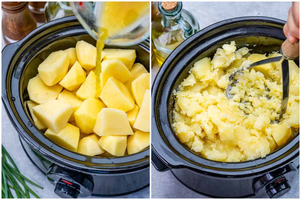 process shot to add broth over the potatoes in a slow cooker and then mashing it.