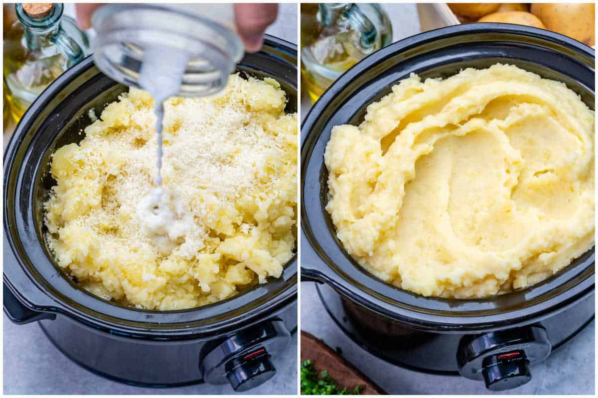 process shot to add milk and parmesan cheese in the mashed potatoes and mixing it.