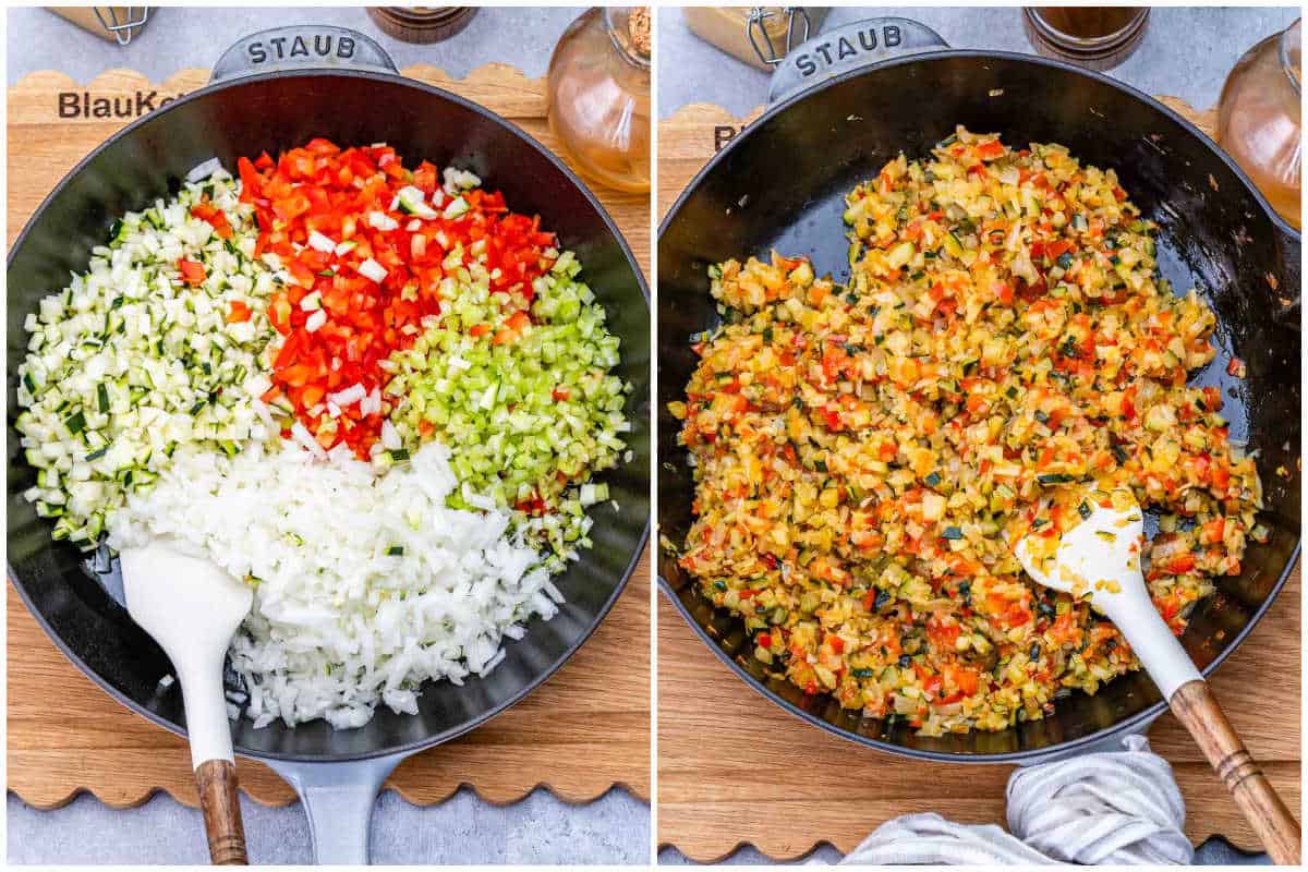 Sautéing the veggies for the meatloaf in a pan.