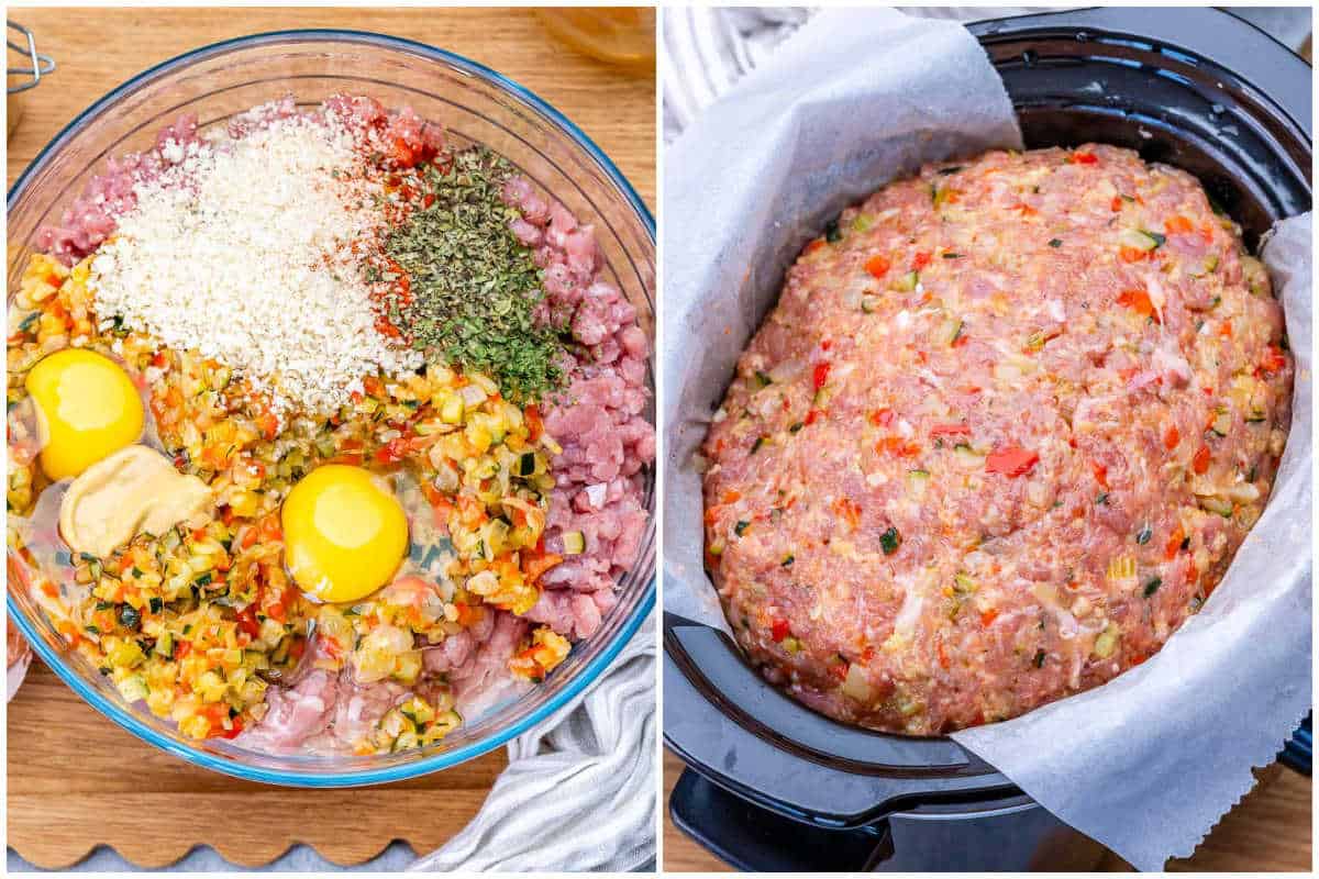 prepping all the ingredients for the meatloaf in a bowl and then adding it to a slow cooker.
