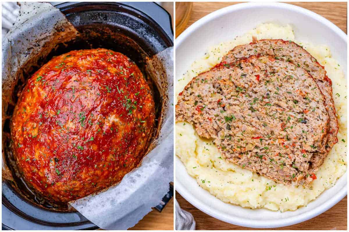 Process shot of meatloaf in the slow cooker and then serving over mashed potatoes.