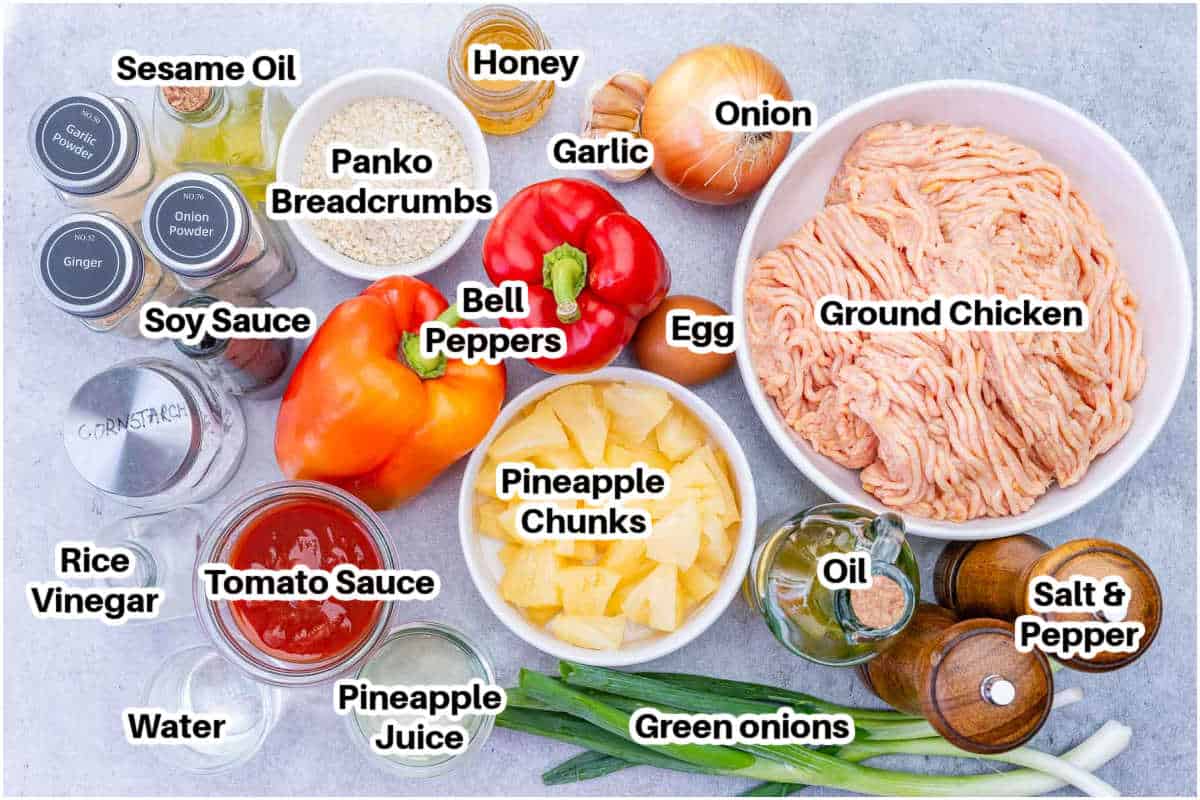 Ingredients for making homemade sweet and sour chicken meatballs