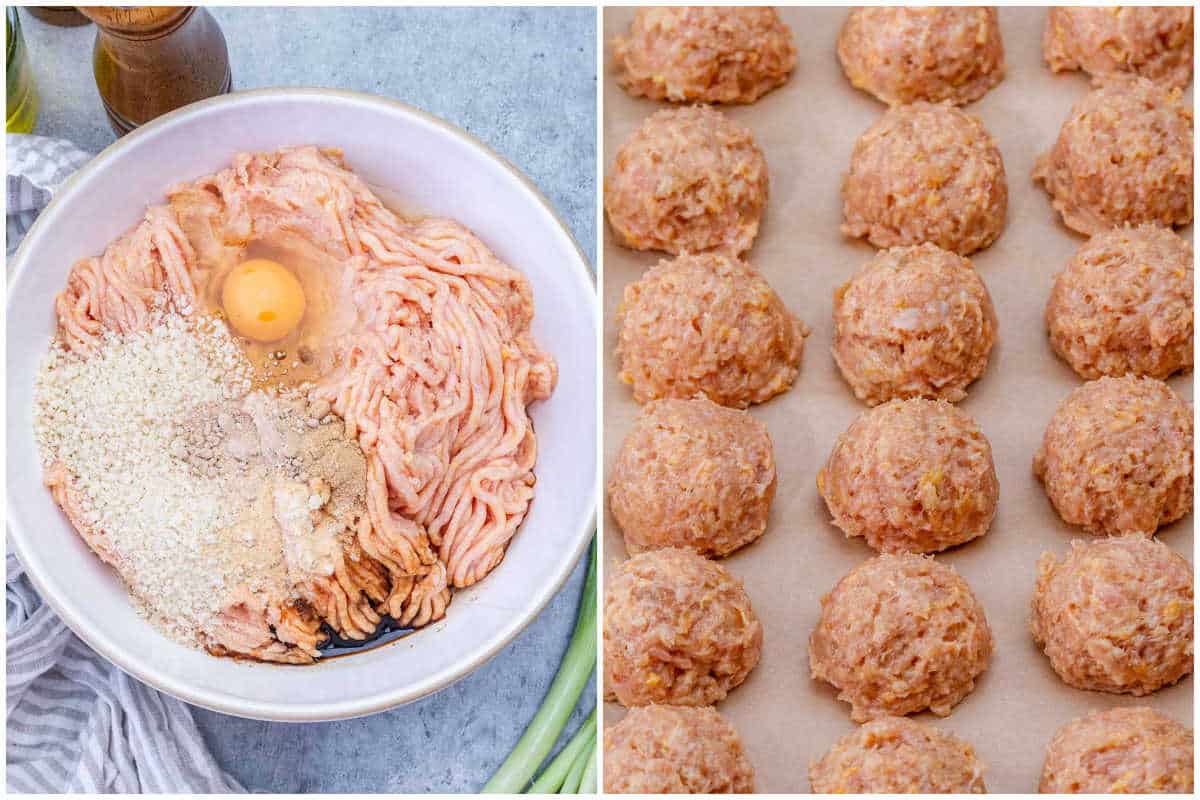 process shot to make the meatball with ground chicken and adding it to the pan before cooking.