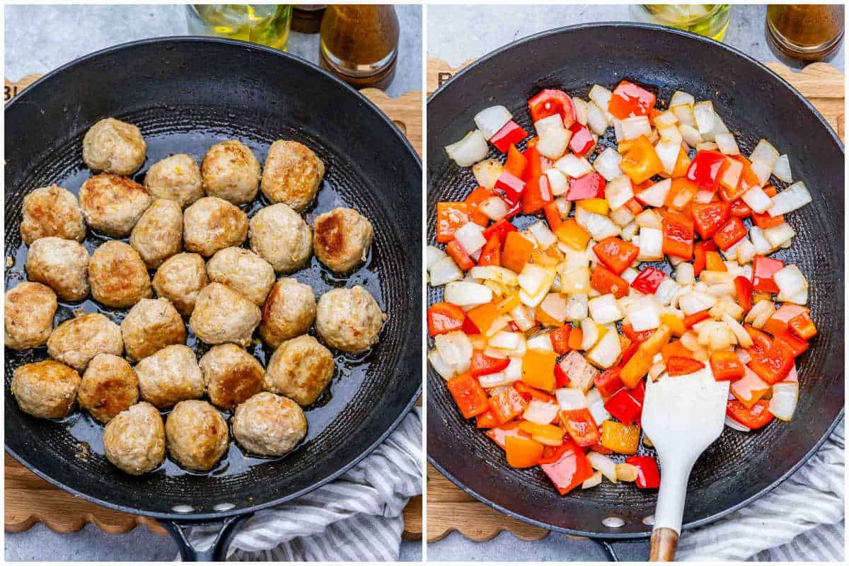 meatballs cooking in a pan and then process of cooking the veggies to make the sweet and sour sauce.