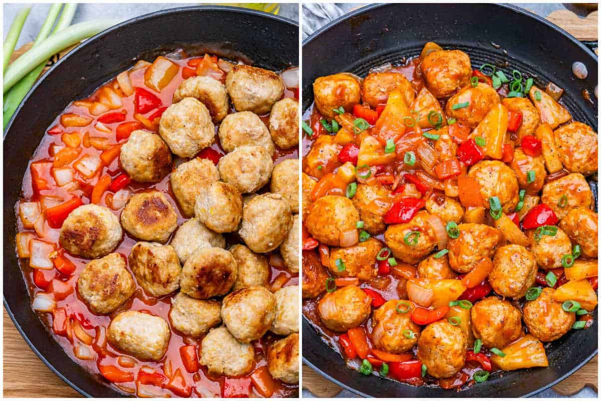 process shot of adding the meatballs to the sauce and mixing in a skillet.